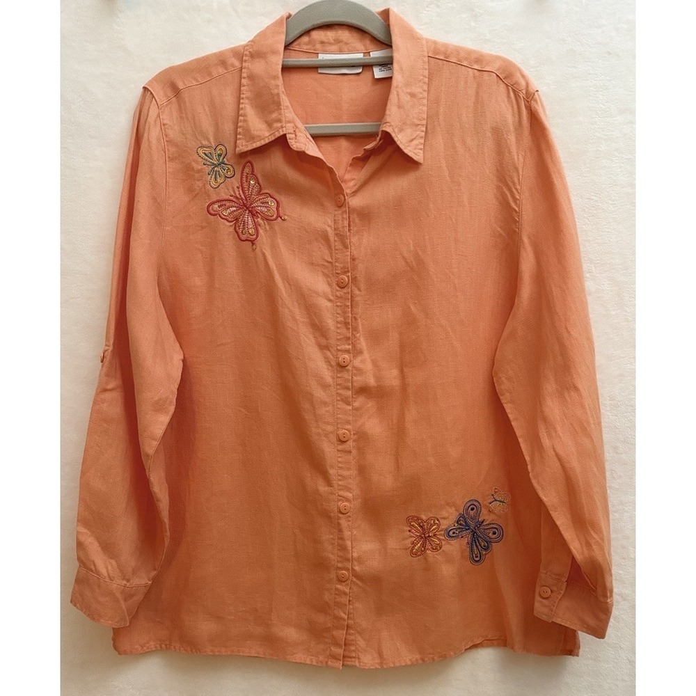 100% Linen Shirt Women's L‎ Embroidered Butterfly Roll Tab Sleeve Peach Coastal